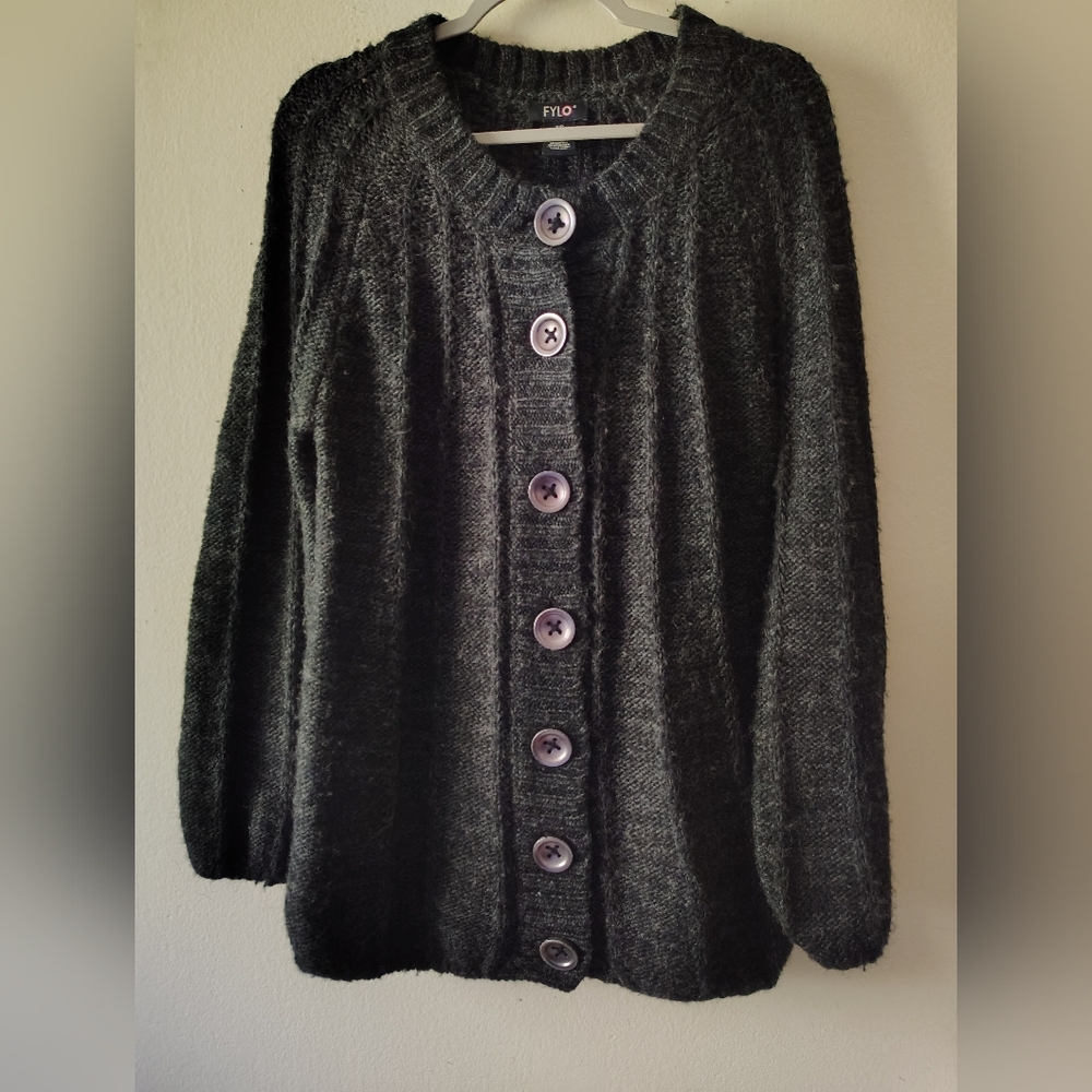 Vintage Gray Wool Cardigan Sweater Small Puff Sleeve Button Y2K Fall Cottagecore